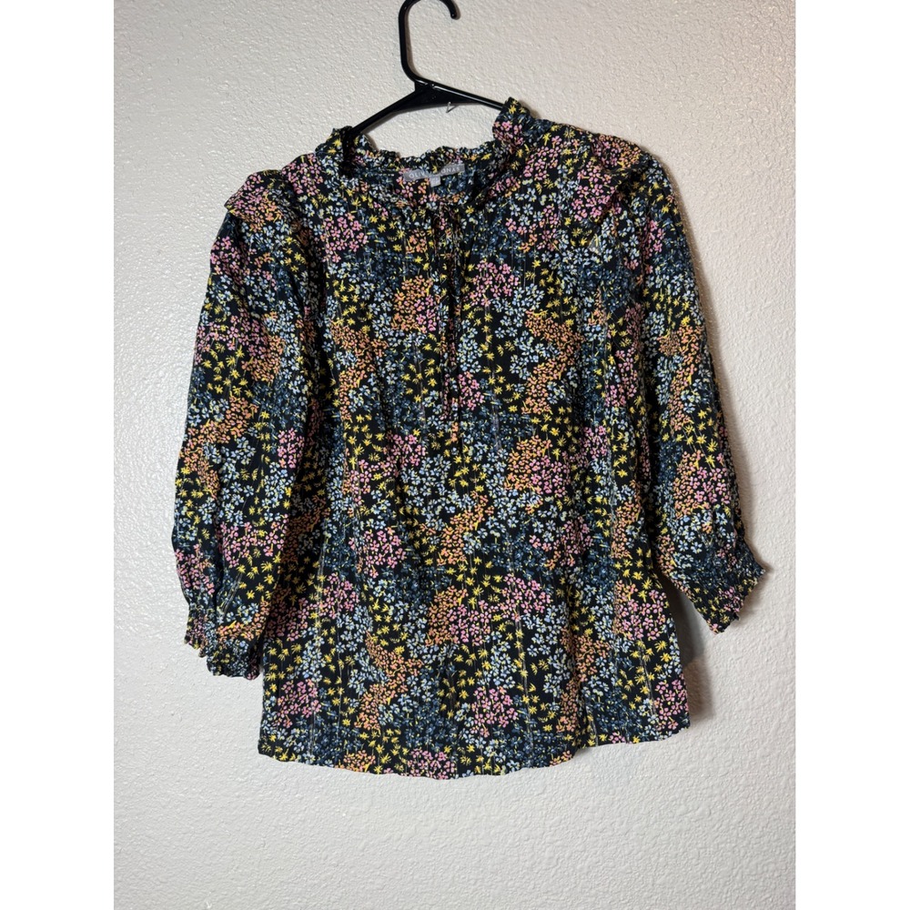 Oliver Bonas Floral Metallic Blouse Black Multicolor Ruffle Long Sleeve US 4